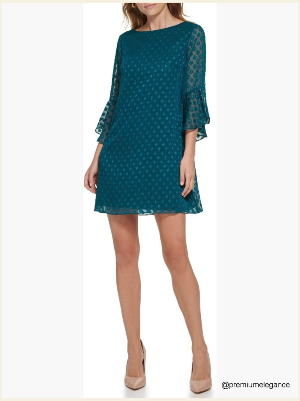 3/4 Sleeve Boat Neck Chiffon Shift Mini Dress Petite